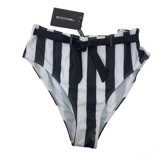 Pretty Little Thing Black & White Stripe Belted Waist Bikini Bottom US Sz12 - Picture 2 of 9